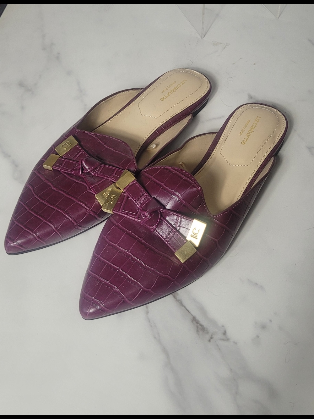 Liz Claiborne Burgundy Croc-Embossed Pointed Toe Mules with Gold Accents